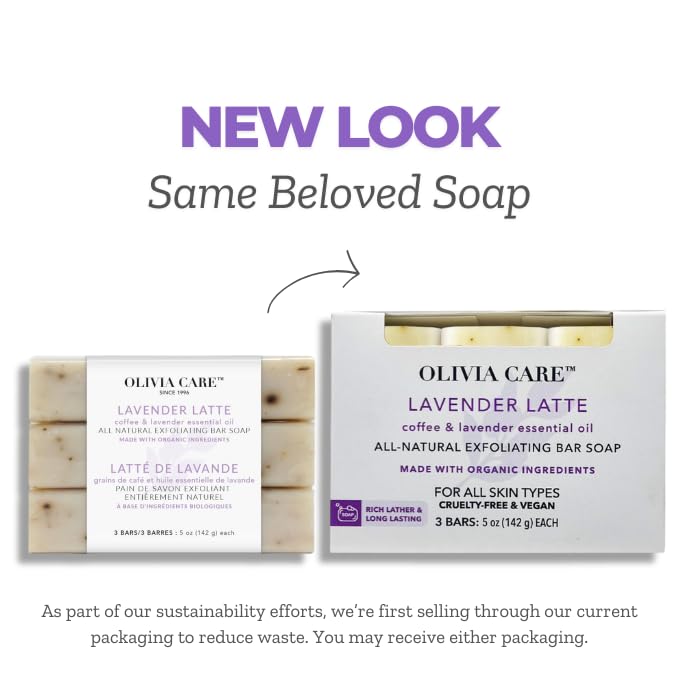 Olivia Care Exfoliating Bar Soap Lavender Latte 3 Pack Natural, Organic. Infused with Coffee Bean & Lavender Essential Oil - 3 X 5 OZ - Image 2